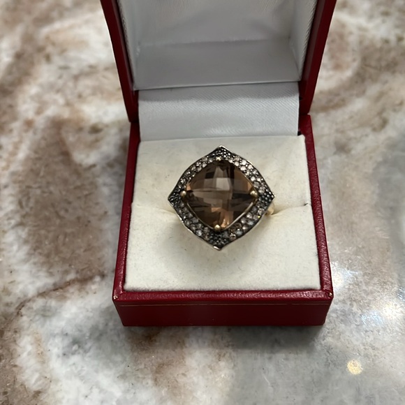 10K Yellow Gold Smoky Quartz and Champagne Diamond Ring Size 7 1/2 - Picture 2 of 8